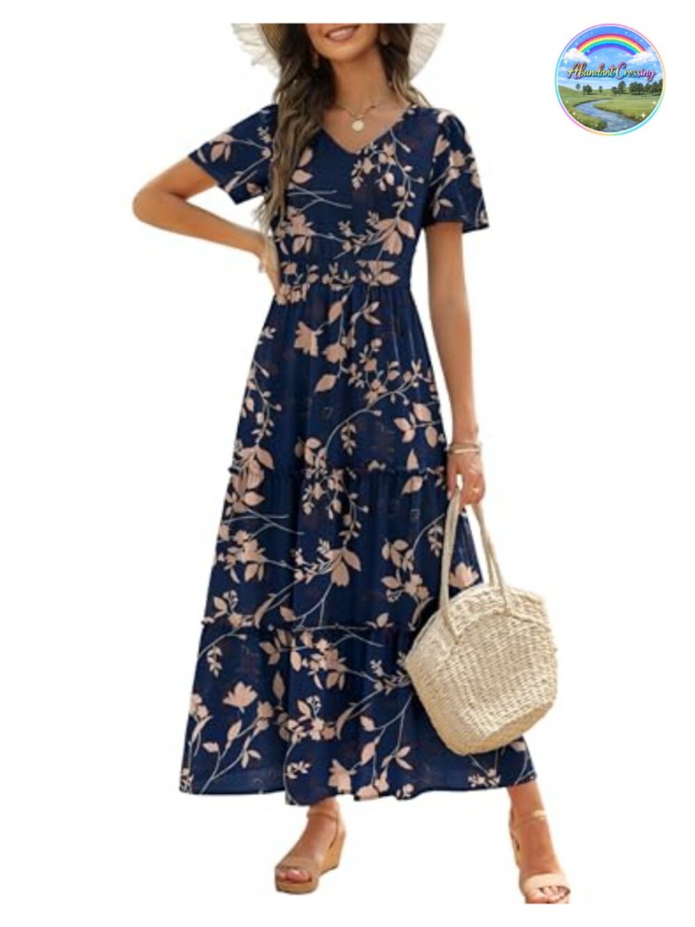 Zattcas Womens Floral Maxi Dress V-Neck Smocked Waist Short Sleeve Boho Summer